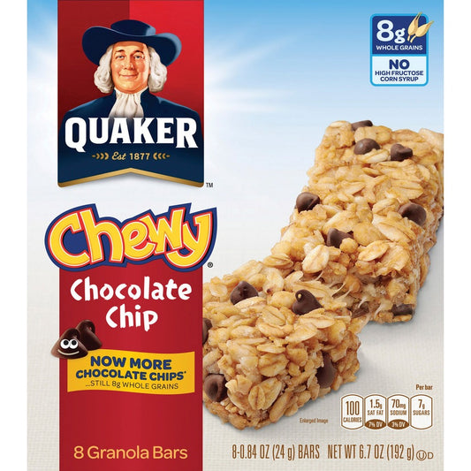 Quaker Chocolate Chip Chewy Granola Bars - Individually Wrapped - Chocolate Chip - 6.70 oz - 8 / Box