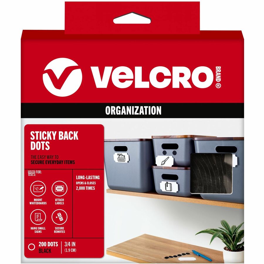 VELCRO&reg, Sticky Back 3/4in Circles Black 200 ct - 0.75" Diameter - Black - For Sign, Poster, Wall, Plastic, Glass, Tile, School, Home - 200 / Box