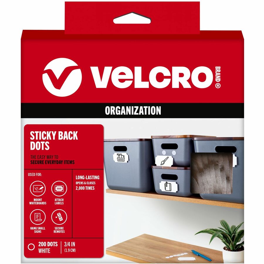 VELCRO&reg, Sticky Back 3/4in Circles White 200 ct - 0.75" Diameter - White - For Sign, Poster, Wall, Plastic, Glass, Tile, Home, School - 200 / Box