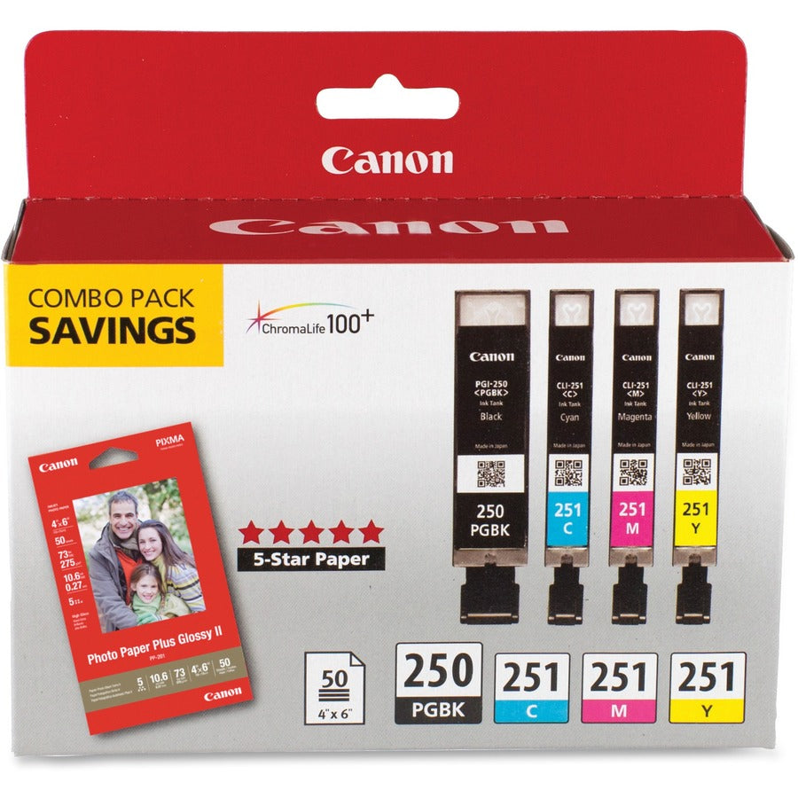 Canon PGI-250/CLI-251 Original Inkjet Ink Cartridge/Paper Kit - Combo Pack - Pigment Black, Cyan, Magenta, Yellow - 4 / Pack - Inkjet - Pigment Black, Cyan, Magenta, Yellow - 4 / Pack