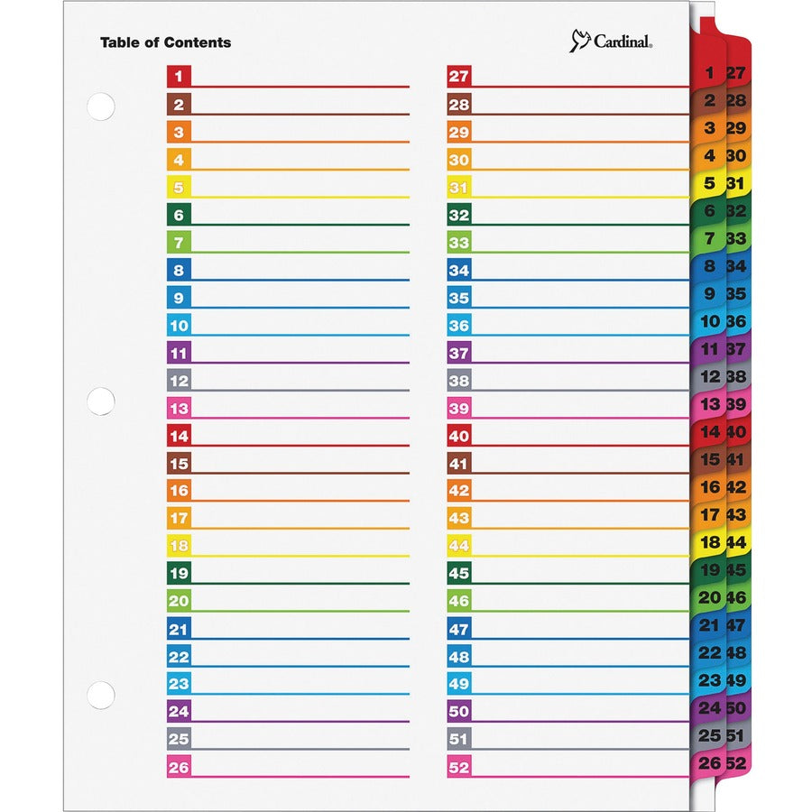 Cardinal&reg, OneStep Printable Dividers - 52 Print-on Tab(s) - 52 Tab(s)/Set - 8.5" Divider Width x 11" Divider Length - Letter - 3 Hole Punched - Multicolor Divider - Multicolor Tab(s) - Reinforced Edges, Reinforced Tab - 1 Pack