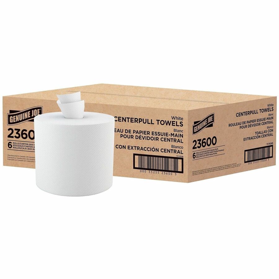 Genuine Joe Centerpull Paper Towels - 2 Ply - 8.13" Width x 7.56" Length - 600 Sheets/Roll - 3 1/16" Core - White - Fiber - 6 / Carton