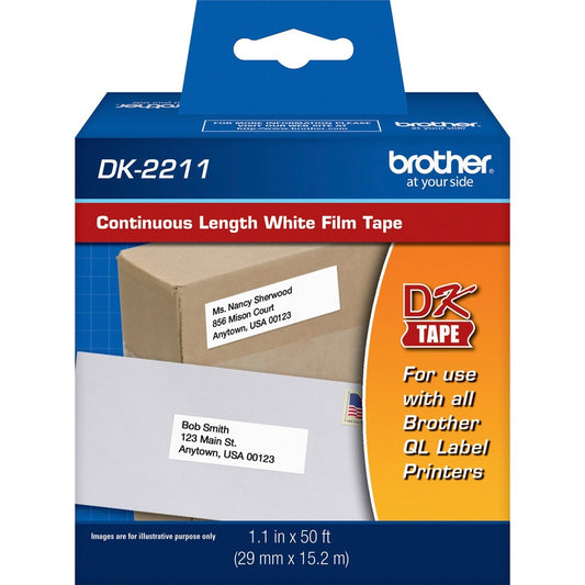 Brother Continuous Length White Film DK Tape - 1 9/64" Width x 50 ft Length - Removable Adhesive - Direct Thermal - White - 1 Roll