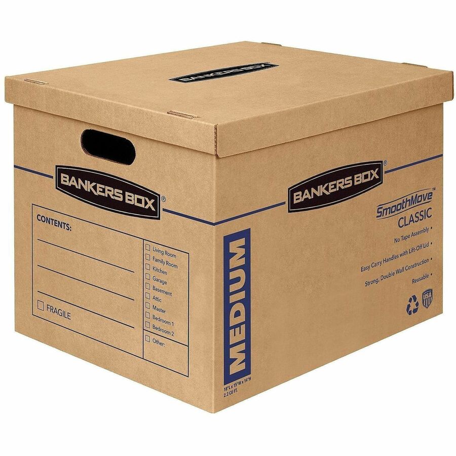 Fellowes Bankers Box SmoothMove Classic Moving Boxes, Medium - Internal Dimensions: 15" Width x 18" Depth x 14" Height - External Dimensions: 15.5" Width x 19" Depth x 14.5" Height - Lift-off Closure - Kraft - 8 / Carton