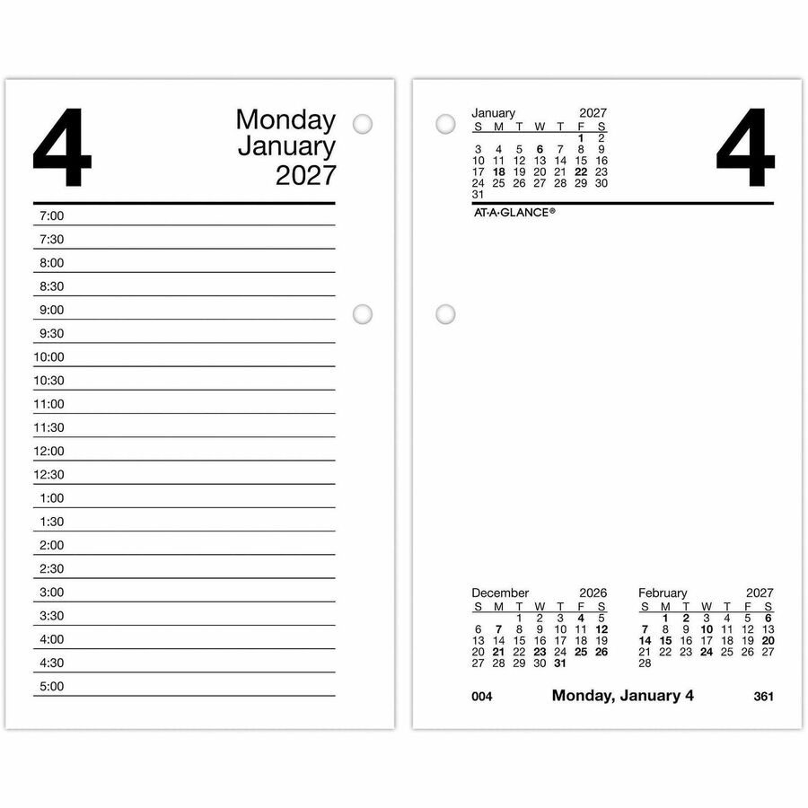 At-A-Glance Recycled Loose-Leaf Desk Calendar Refill - Standard - Julian Dates - Daily - 12 Month - January 2027 to December 2027 - 7:00 AM to 5:00 PM - Half-hourly - 1 Day Double Page Layout - 3 1/2" x 6" Sheet Size - White Sheet - 2-ring - Desktop...