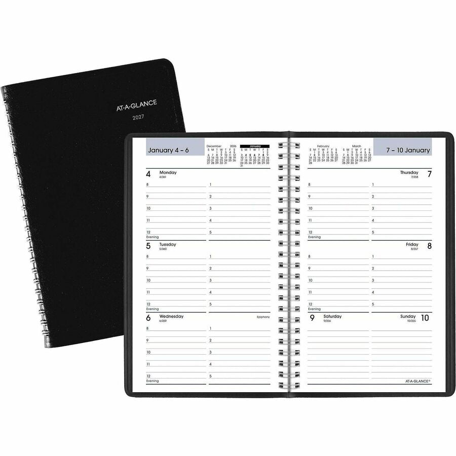 At-A-Glance DayMinder Appointment Book Planner - Small - Julian Dates - Weekly - 12 Month - January 2027 to December 2027 - 8:00 AM to 5:00 PM - Hourly - 1 Week Double Page Layout - 5" x 8" Sheet Size - White Sheet - Wire Bound - Black - Faux Leather...