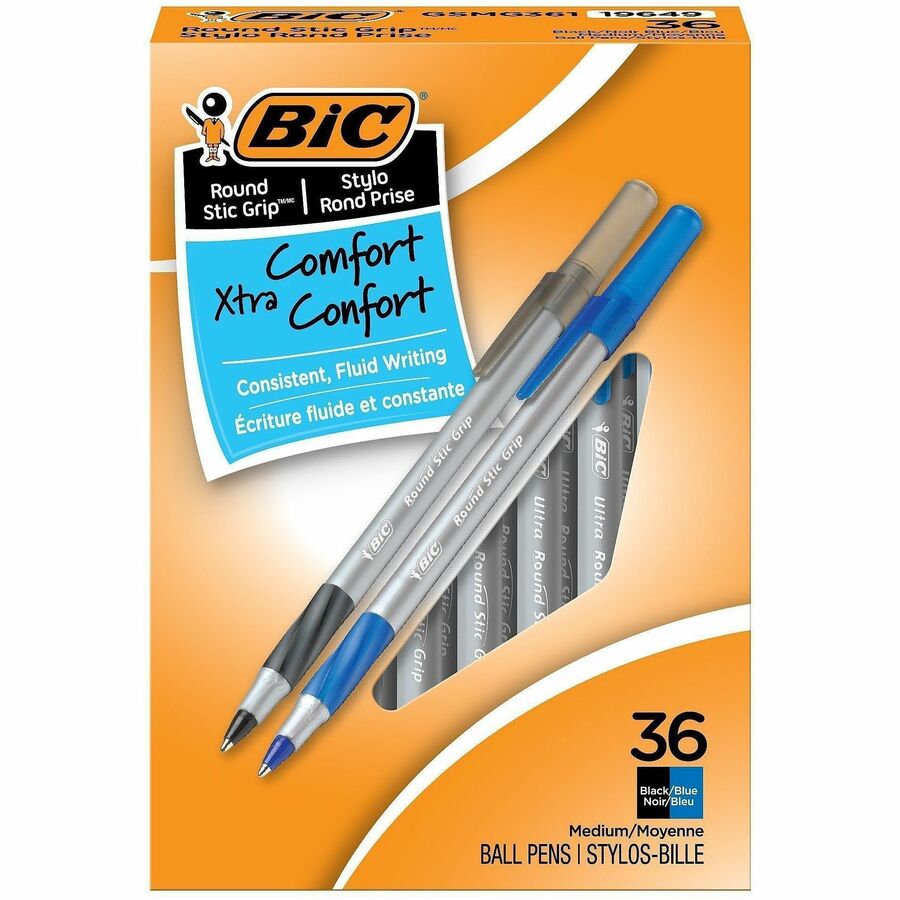 BIC Round Stic Grip Xtra-Comfort Medium Ball Point Pen, Assorted - Assorted Ink - 36 / Box