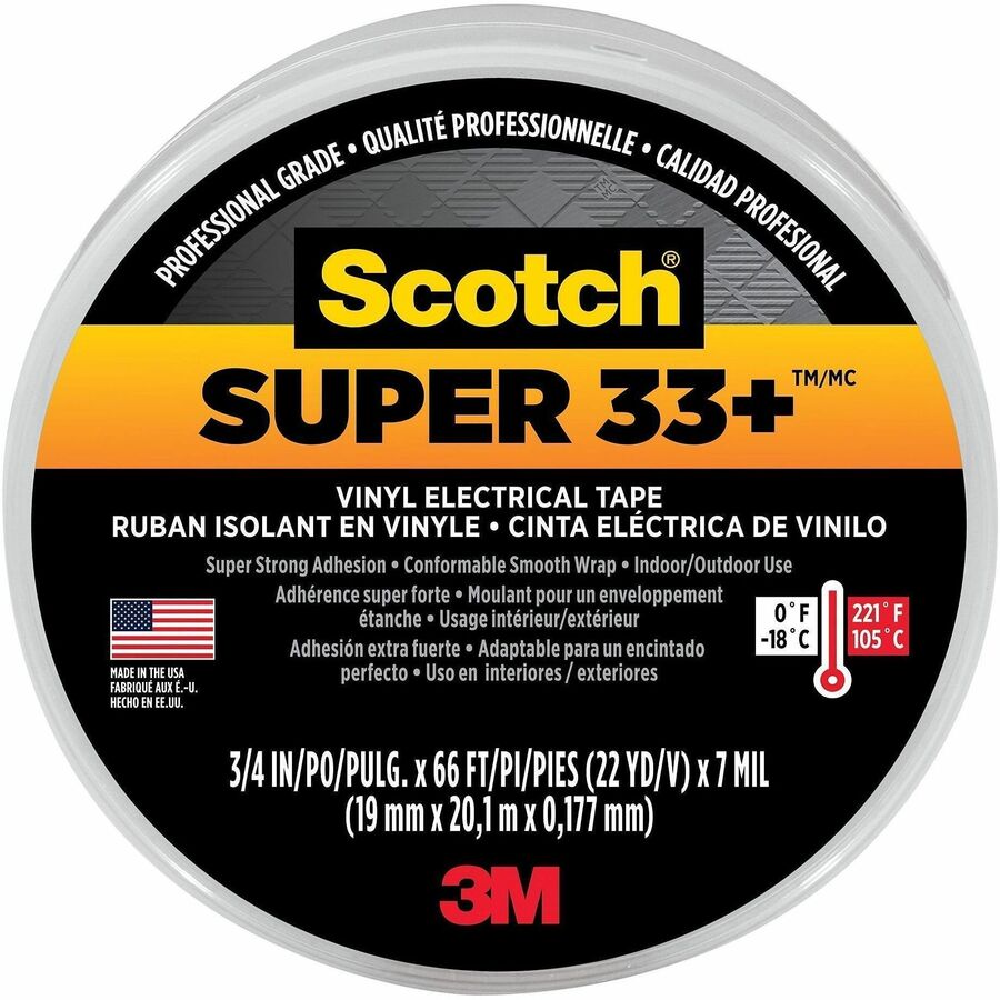 Scotch Super 33 Plus Vinyl Electrical Tape - 22 yd Length x 0.75" Width - Black - Rubber - Vinyl Backing - Flame Resistant, Temperature Resistant, Weather Resistant, Abrasion Resistant, Moisture Resistant, Alkali Resistant, Acid Resistant, Corrosion Re...