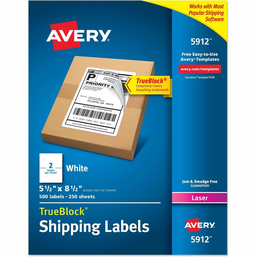 Avery&reg, TrueBlock Shipping Label - 5 1/2" Width x 8 1/2" Length - Permanent Adhesive - Rectangle - Laser - Matte - White - Paper - 2 / Sheet - 250 Total Sheets - 500 Total Label(s) - 500 / Box