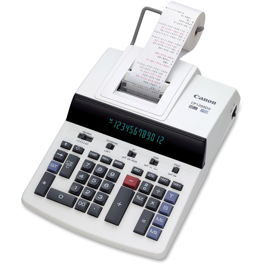 Canon CP1200DII Commercial Desktop Calculator - Dual Color Print - 4.3 lps - 4-Key Memory, Heavy Duty, Kickstand, Easy-to-read Display, Extra Large Display, Item Count, Independent Memory - 12 Digits - Fluorescent - AC Supply Powered - 5.8" Height x 11...