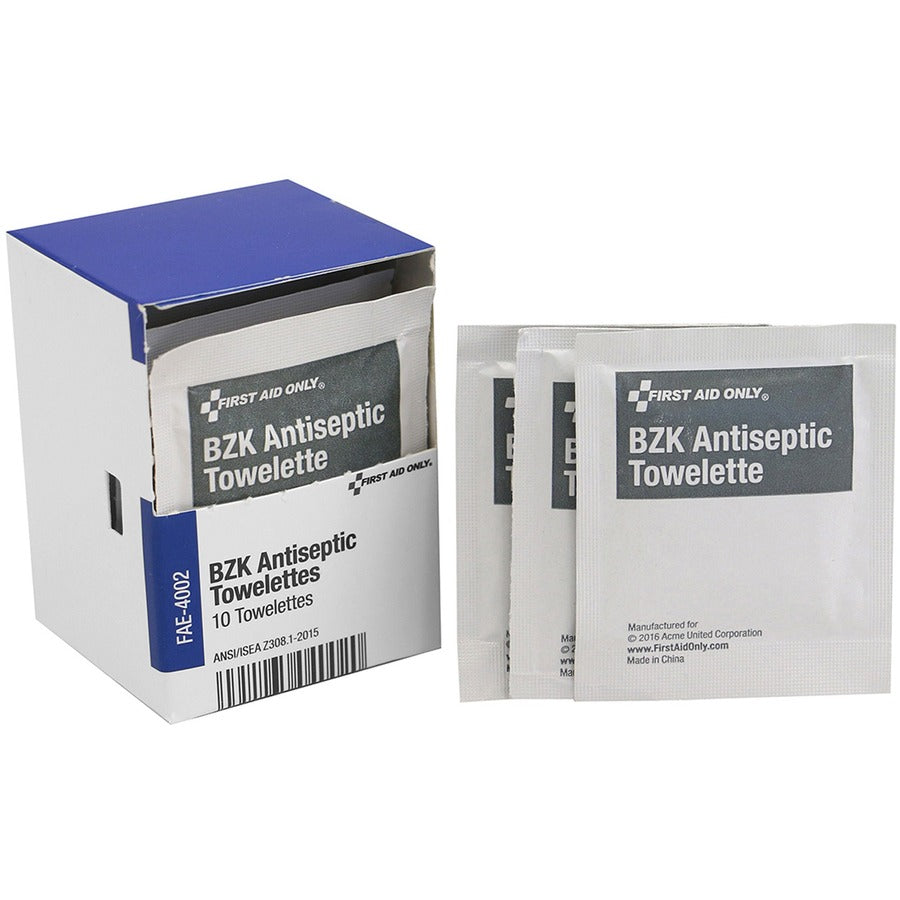 First Aid Only BZK Antiseptic Towelettes - - 4.75" Width x 7.75" Length - White - 10 / Box