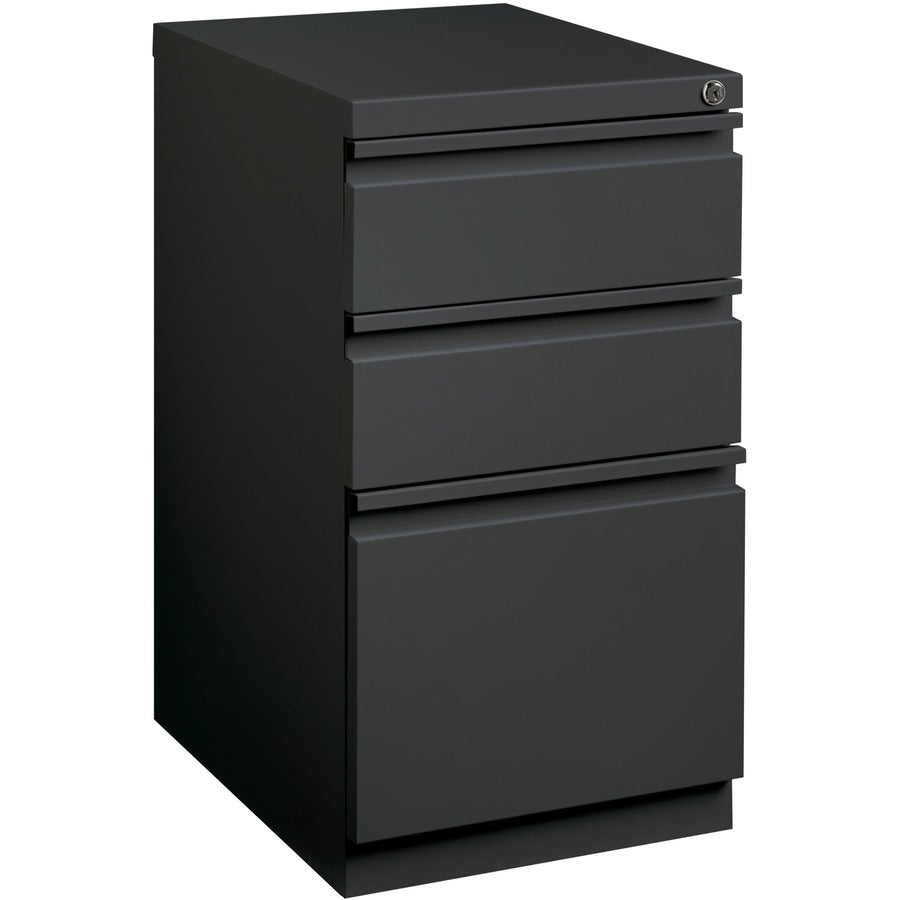 Lorell 20" Box/Box/File Mobile File Cabinet with Full-Width Pull - 15" Width x 19.9" Depth x 27.7" Height - 3 x Drawer(s) for Box, File - Letter - Mobility, Casters, Drawer Extension, Security Lock, Recessed Drawer, Ball-bearing Suspension - Charcoal...