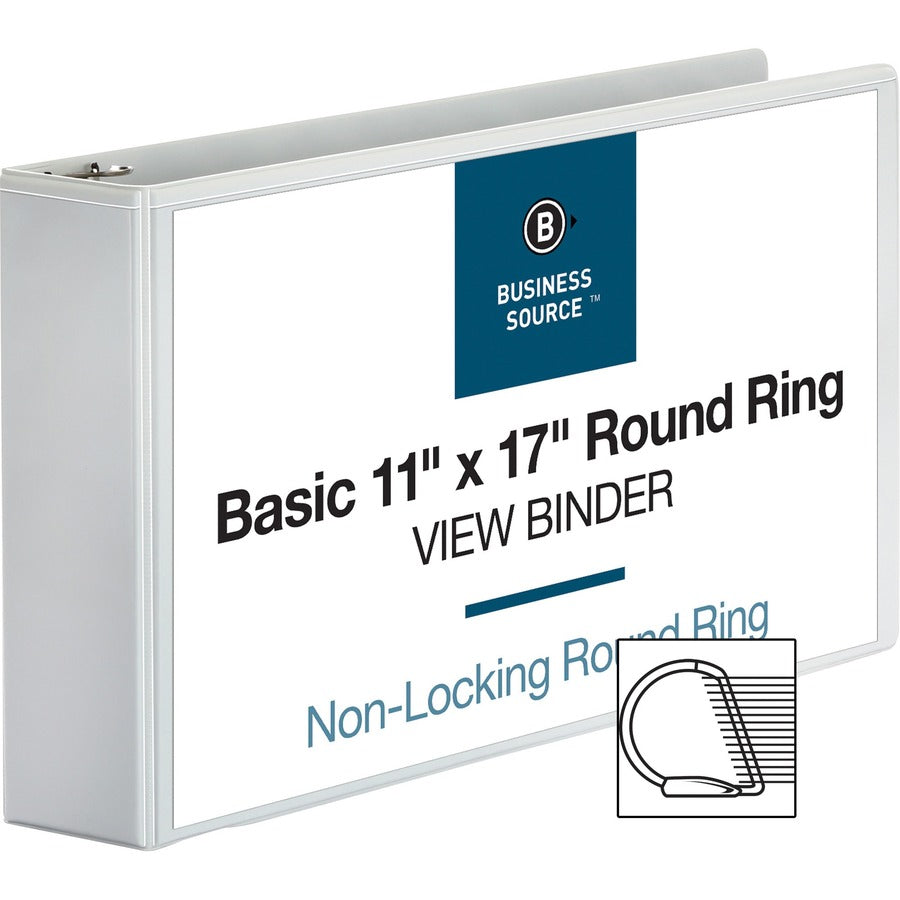 Business Source Tabloid-size Round Ring Reference Binder - 3" Binder Capacity - Tabloid - 11" x 17" Sheet Size - Fastener: Round Ring - White - Durable, Clear Overlay - 1 Each