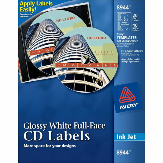 Avery, Optical Disc Label - Permanent Adhesive - Inkjet, Laser - Glossy - Glossy White - Paper - 2 / Sheet - 10 Total Sheets - 20 Total Label(s) - 20 / Pack