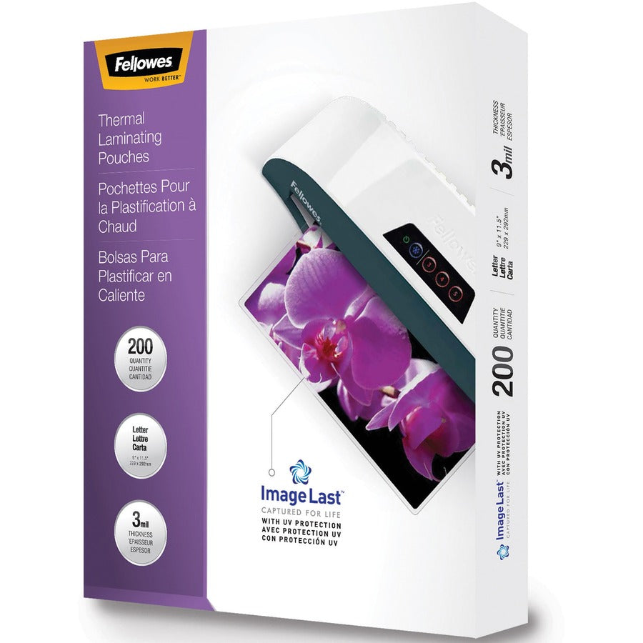 Fellowes ImageLast Jam-Free Thermal Laminating Pouches - Sheet Size Supported: Letter 9" Width x 11.50" Length - Laminating Pouch/Sheet Size: 9" Width x 3 mil Thickness - Durable, UV Resistant, Fade Resistant, Water Resistant, Jam-free, Photo-safe, Dry...