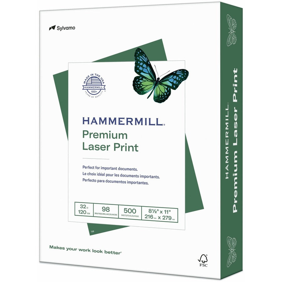 Hammermill Premium Laser Print Paper - White - 98 Brightness - Letter - 8 1/2" x 11" - 32 lb Basis Weight - Ultra Smooth - Acid-free, Jam-free, Archival-safe - White - 1 Ream
