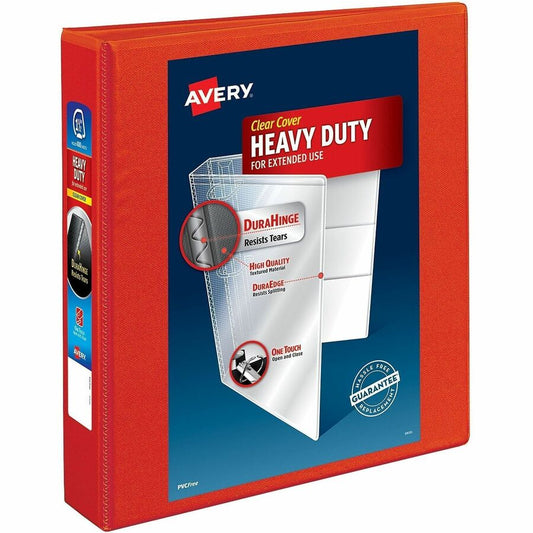 Avery, Heavy-Duty View 3 Ring Binder - 1 1/2" Binder Capacity - Letter - 8 1/2" x 11" Sheet Size - 400 Sheet Capacity - 400 x 1.50" Ring - Fastener: Ring - Pocket: 4, Internal - Polypropylene - Red - Adhesive, Clear Overlay, Heavy Duty, Locking Rin...