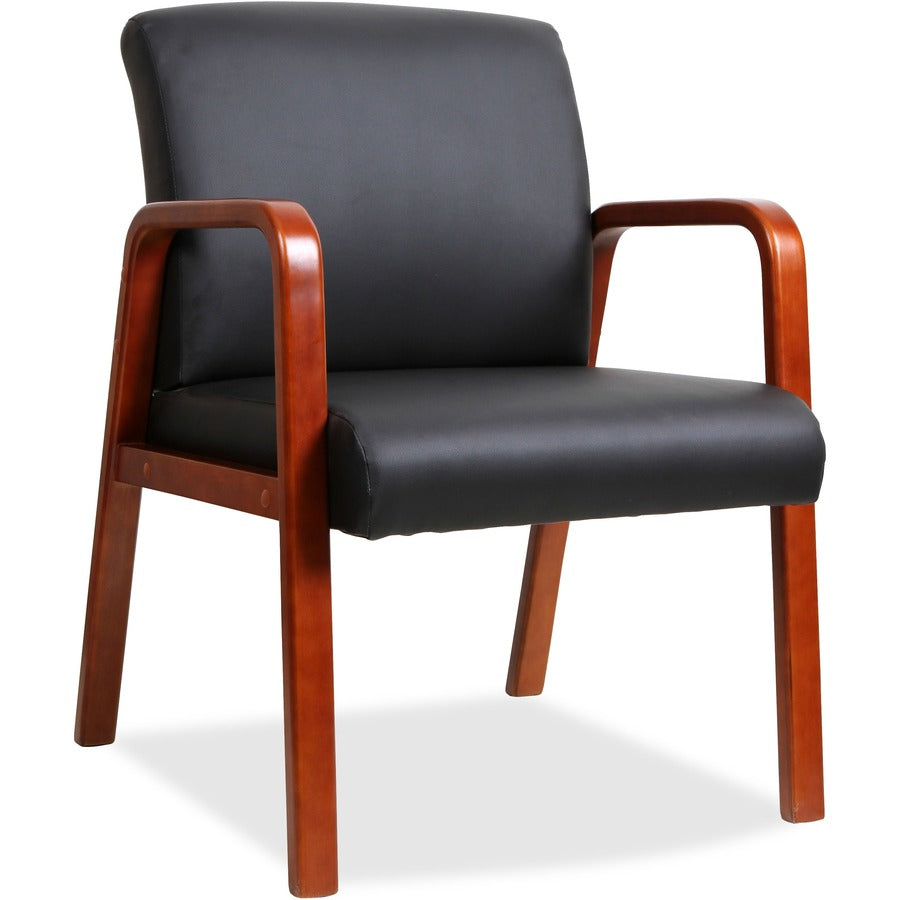 Lorell Upholstered Guest Chair - Black Seat Color - Bonded Leather Seat Material - Black Back Color - Bonded Leather Back Material - Cherry Frame Color - Solid Wood Frame Material - Four-legged Base - Armrest - 1 Each