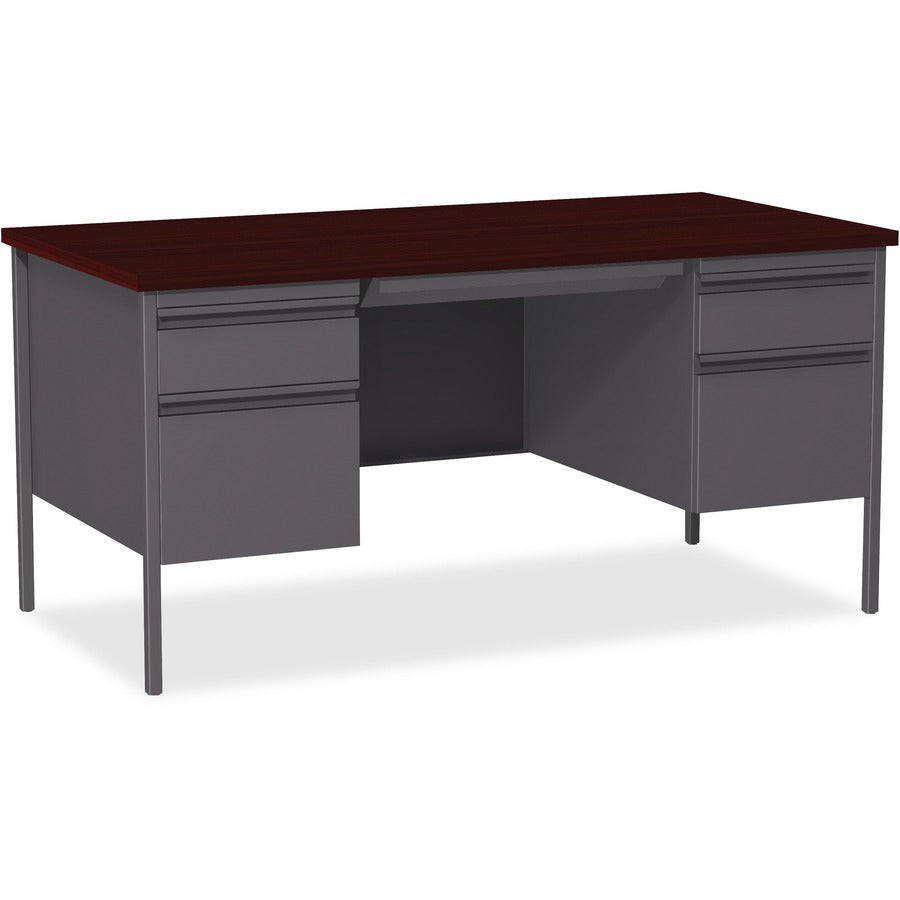 Lorell Fortress Series Double-Pedestal Desk - Rectangle Top - 60" Table Top Width x 30" Table Top Depth x 1.12" Table Top Thickness - 29.50" Height - Office, File - Assembly Required - Laminated, Mahogany - Steel - 1 Each
