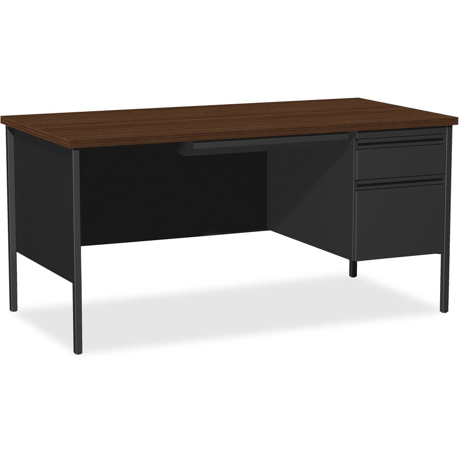 Lorell Fortress Series 66" Right-Pedestal Desk - Laminated Rectangle, Walnut Top - 30" Table Top Length x 66" Table Top Width x 1.13" Table Top Thickness - 29.50" Height x 66" Width x 30" Depth - Business Environment, Educational Environment, Office...