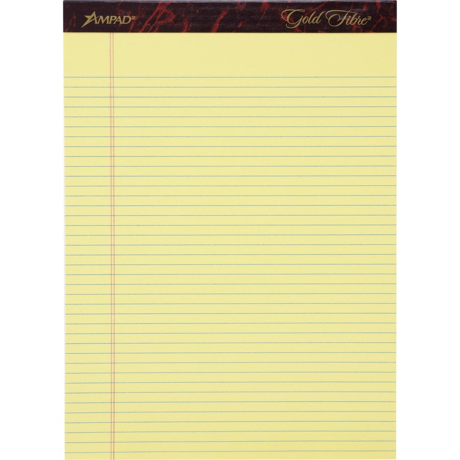 Ampad Gold Fibre Narrow Rule Writing Pads - 50 Sheets - Watermark - Stapled/Glued - 0.25" Ruled - 16 lb Basis Weight - Letter - 8 1/2" x 11 3/4" Sheet Size - Canary Yellow Paper - Micro Perforated, Bleed-free, Chipboard Backing - 12 / Dozen