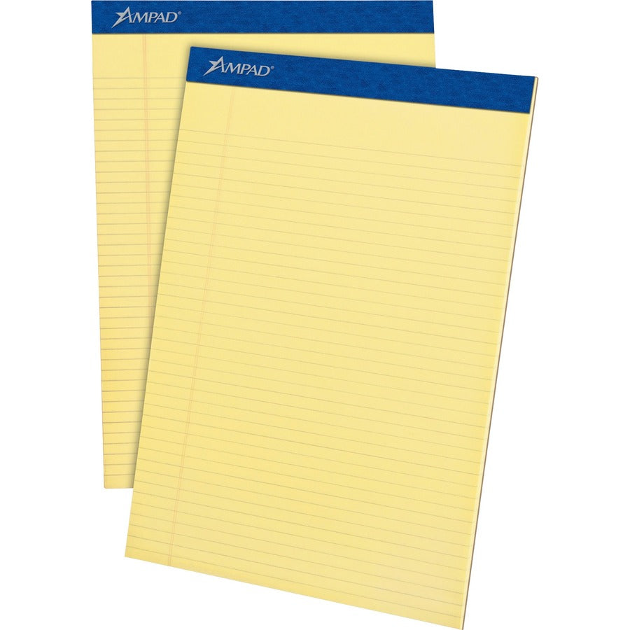 Ampad Writing Pad - 50 Sheets - Stapled - 0.25" Ruled - 15 lb Basis Weight - Letter - 8 1/2" x 11" Sheet Size x 8.5" Width x 11.8" Length - Canary Paper - Dark Blue Binding - Micro Perforated, Chipboard Backing, Sturdy Back, Tear Resistant - 12 / Dozen