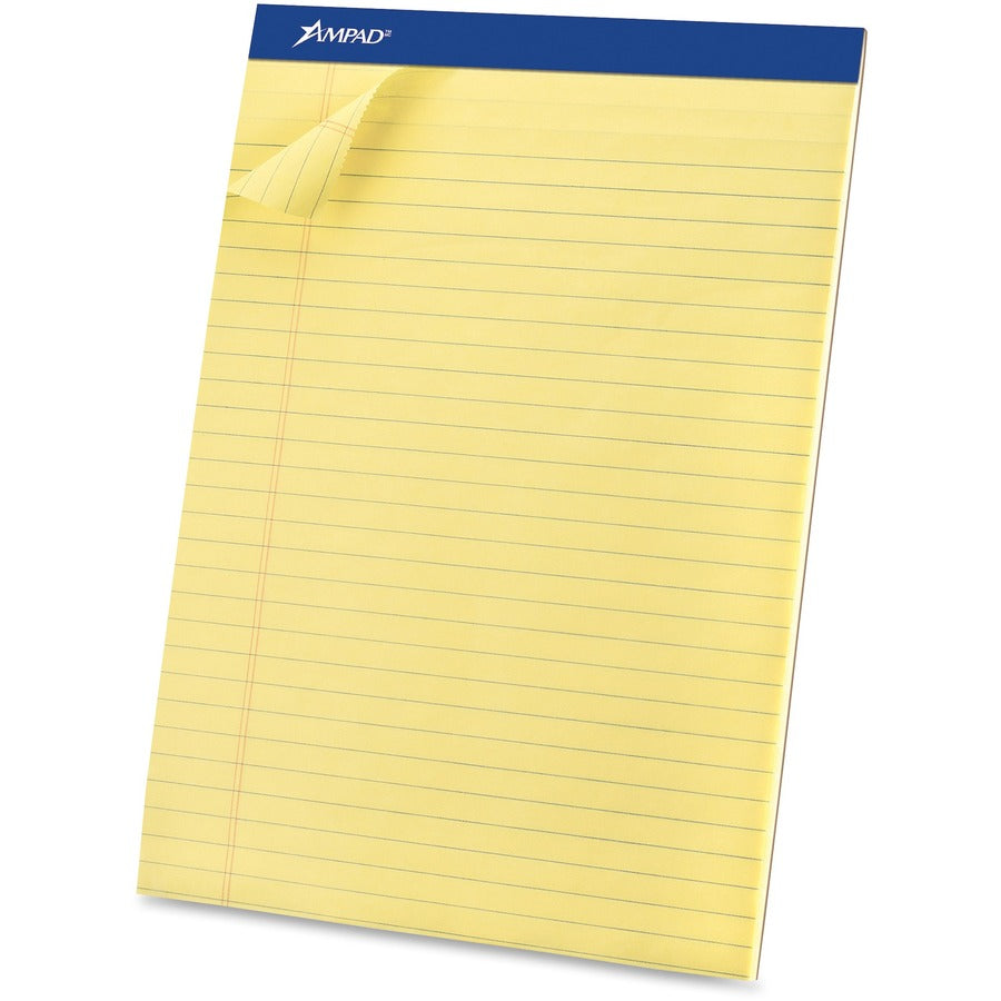 Ampad Basic Perforated Writing Pads - Legal - 50 Sheets - Stapled - 0.34" Ruled - 15 lb Basis Weight - Legal - 8 1/2" x 11 1/2" Sheet Size x 8.5" Width x 11.8" Length - Canary Yellow Paper - Dark Blue Binding - Sturdy Back, Chipboard Backing, Micro Per...