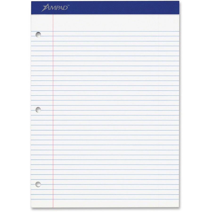 Ampad Double Sheet Writing Pad - 100 Sheets - Stapled - Both Side Ruling Surface - 0.28" Ruled - 15 lb Basis Weight - Letter - 8 1/2" x 11" Sheet Size x 8.5" Width x 11.8" Length - White Paper - White Cover - Micro Perforated, Easy Tear, Stiff, Chipboa...