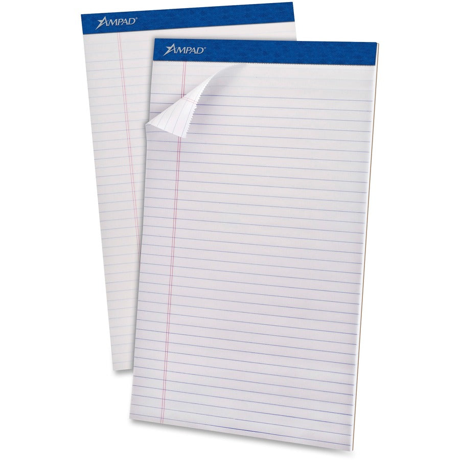 Ampad Perforated Ruled Pads - Legal - 50 Sheets - Stapled - 0.34" Ruled - 20 lb Basis Weight - Legal - 8 1/2" x 14" Sheet Size - White Paper - White Cover - Sturdy Back, Header Strip, Pinhole Perforated, Chipboard Backing - 12 / Dozen