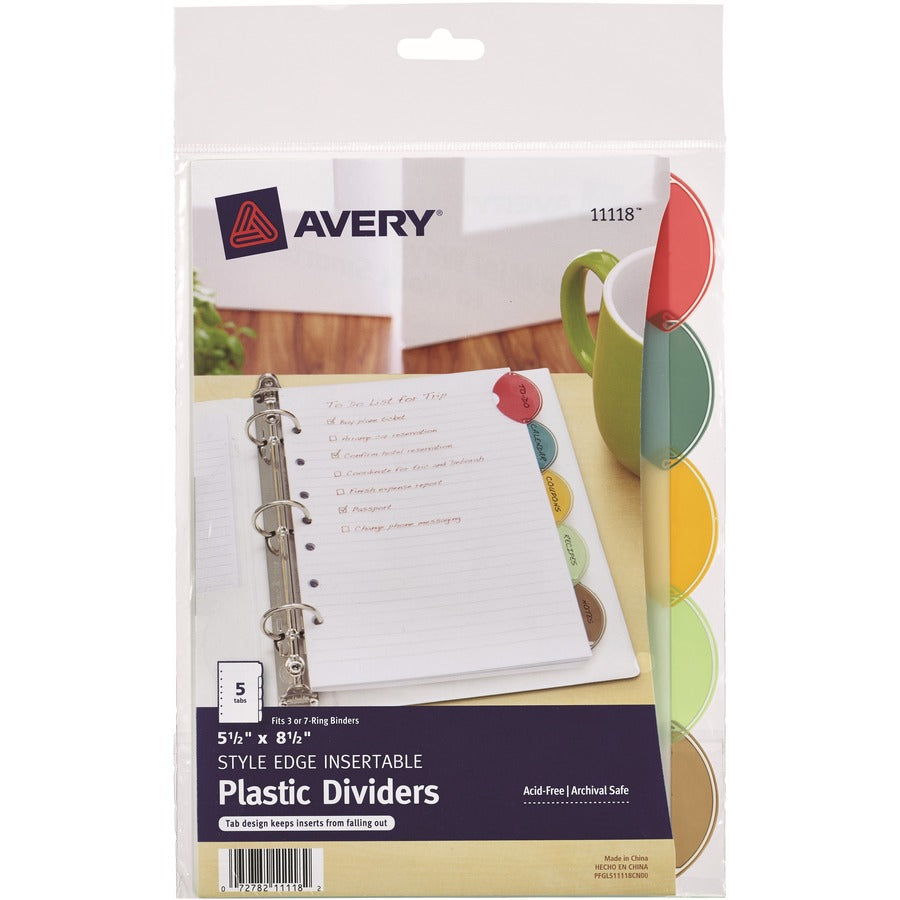 Avery&reg, Insertable Style Edge Plastic Mini Dividers for 3 Ring Binders, 5.5" x 8.5" , 5-Tab Set, Multicolor, 1 Set (11118) - 5 x Divider(s) - 5 - 5 Tab(s)/Set - 5.5" Divider Width x 8.50" Divider Length - 7 Hole Punched - Translucent Plastic Divider...