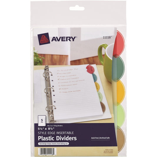 Avery, Insertable Style Edge Plastic Mini Dividers for 3 Ring Binders, 5.5" x 8.5" , 5-Tab Set, Multicolor, 1 Set (11118) - 5 x Divider(s) - 5 - 5 Tab(s)/Set - 5.5" Divider Width x 8.50" Divider Length - 7 Hole Punched - Translucent Plastic Divider...