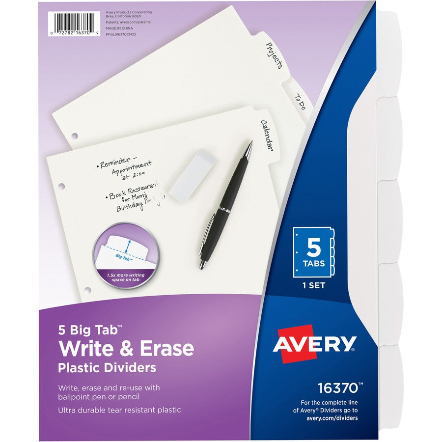 Avery&reg, Big Tab Write & Erase Dividers - 5 x Divider(s) - Write-on Tab(s) - 5 - 5 Tab(s)/Set - 8.5" Divider Width x 11" Divider Length - 3 Hole Punched - White Plastic Divider - White Plastic Tab(s) - 5 / Set