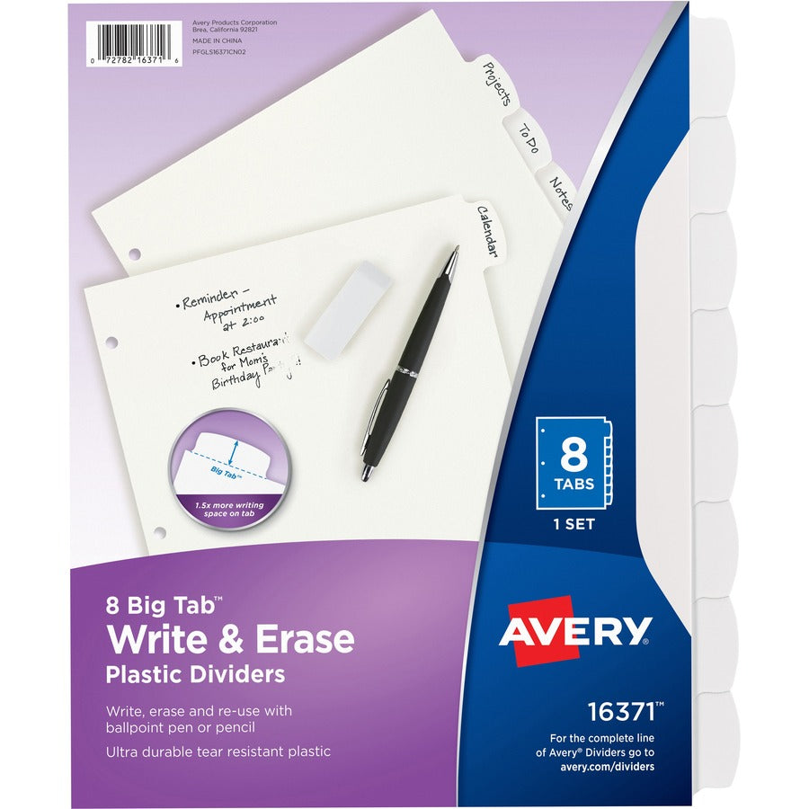 Avery&reg, Big Tab Write & Erase Dividers - 8 x Divider(s) - Write-on Tab(s) - 8 - 8 Tab(s)/Set - 8.5" Divider Width x 11" Divider Length - 3 Hole Punched - White Plastic Divider - White Plastic Tab(s) - 8 / Set