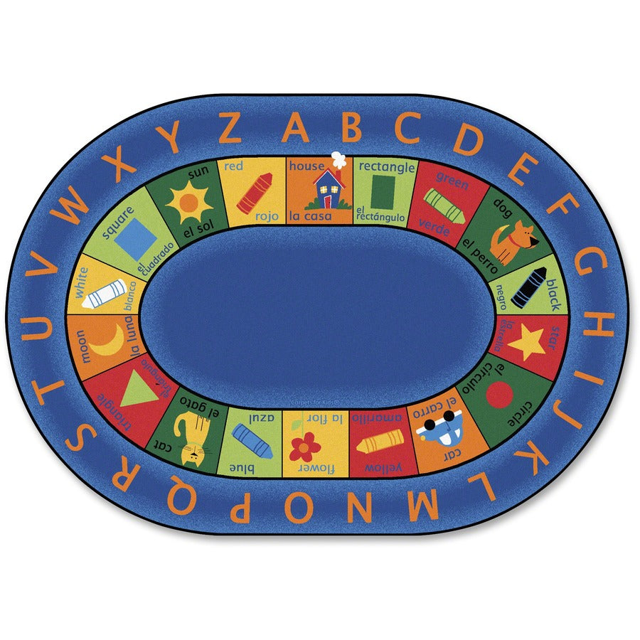 Carpets for Kids&reg, Premium Bilingual Early Learning Oval Rug - 113" Length x 81" Width - Oval - Bilingual Inner Squares - Multi