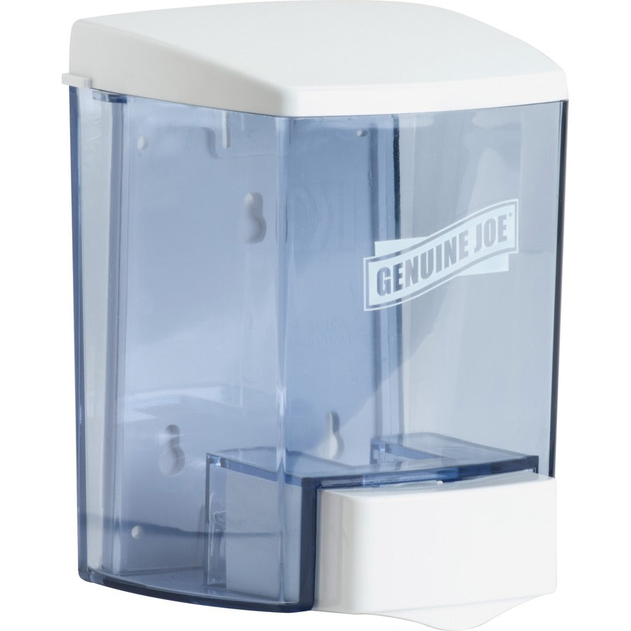 Genuine Joe 30 oz Soap Dispenser - Manual - 30 fl oz Capacity - See-through Tank, Water Resistant, Soft Push - Clear - 1 Each