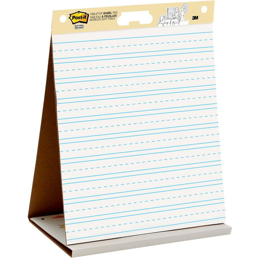 Post-it&reg, Tabletop Easel Pad with Primary Lines - 20 Sheets - Stapled - Primary Blue Margin - 18.50 lb Basis Weight - 20" x 23" Sheet Size - White Paper - Cardboard Cover - Self-stick, Built-in Stand, Foldable, Bleed Resistant, Repositionable, Refil...