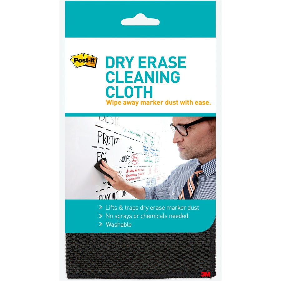 Post-it&reg, Dry-Erase Cleaning Cloth - 10.60" Width x 10.60" Length - Used as Dust Remover, Mark Remover - Washable - Black - 1 Each