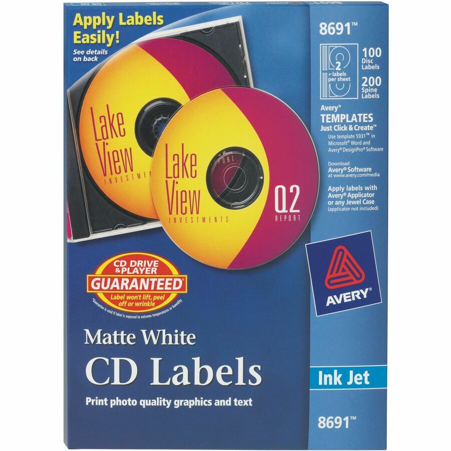 Avery&reg, Clear CD/DVD Inkjet Matte Labels - Permanent Adhesive - Inkjet - Matte - Matte White - Paper - 2 / Sheet - 50 Total Sheets - 100 Total Label(s) - 100 / Pack