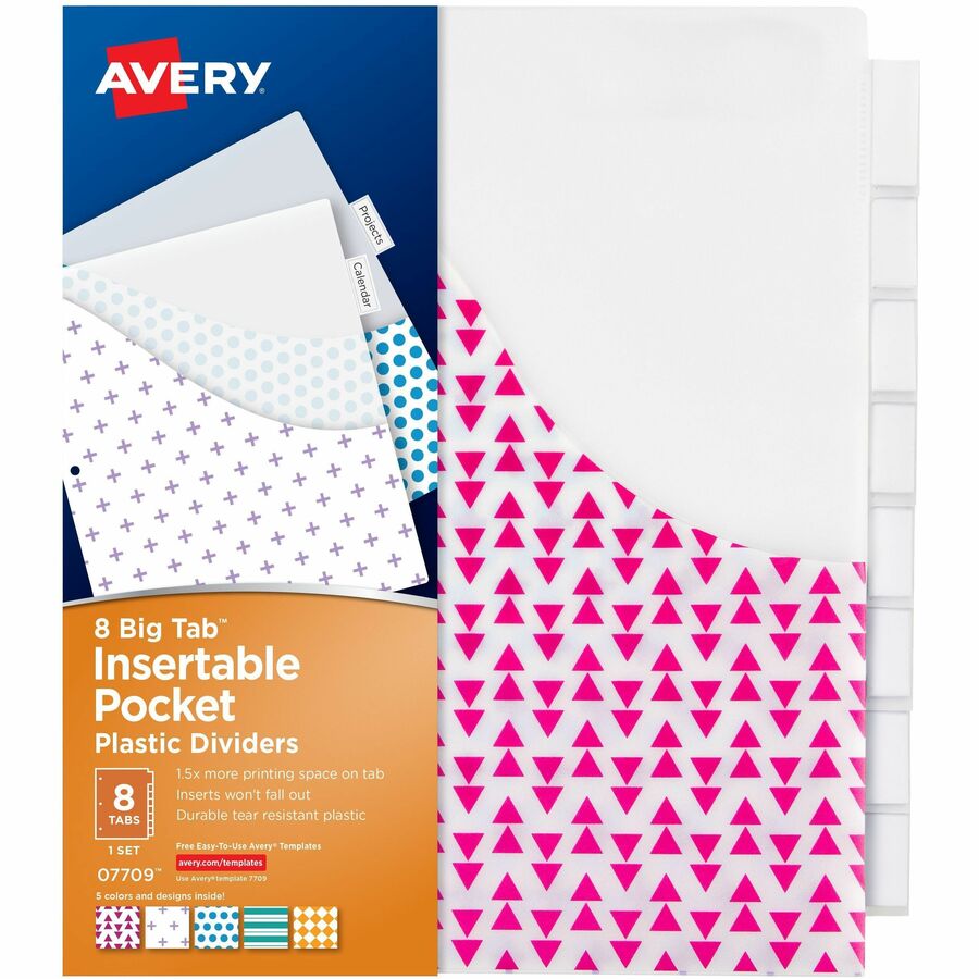 Avery&reg, Big Tab Plastic Dividers with Pockets, 8-Tab - 8 x Divider(s) - 8 Tab(s) - 8 Tab(s)/Set - 9.3" Divider Width x 11.25" Divider Length - 3 Hole Punched - Multicolor Plastic Divider - Clear Plastic Tab(s) - PVC-free, Hole-punched, Insertable, C...