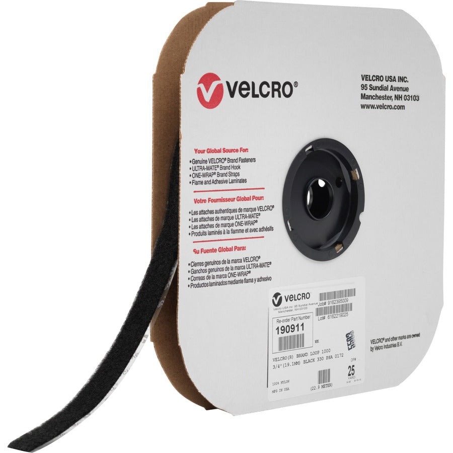 VELCRO&reg, 190911 Industrial Industrial - Loop 1000 - 25 yd Length x 0.75" Width - Black - For Indoor, Outdoor - 1 Roll