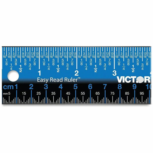 Victor Stainless Steel Dual Colour Easy Read Ruler - 12" Length - 1/4, 1/8, 1/16 Graduations - Metric, Imperial Measuring System - Stainless Steel - Blue, Black - 1 Each