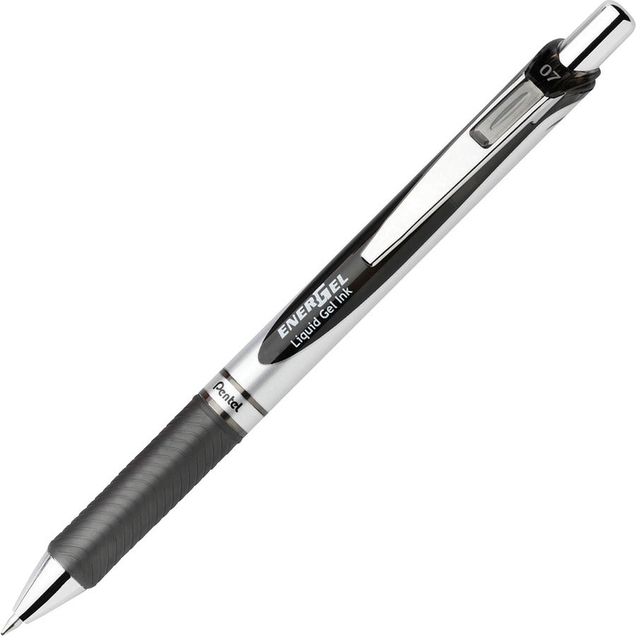 EnerGel EnerGel RTX Liquid Gel Pens - Refillable - Retractable - Black Ink - Gel-based - Silver Barrel - Metal Tip - 12 / Dozen