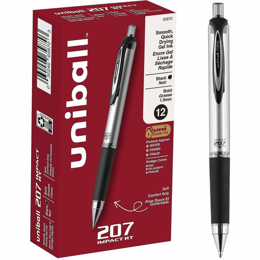 uniball™, 207 Impact RT Gel Pens - Refillable - Retractable - Black Ink - Gel-based - Metallic Barrel - 12 / Dozen