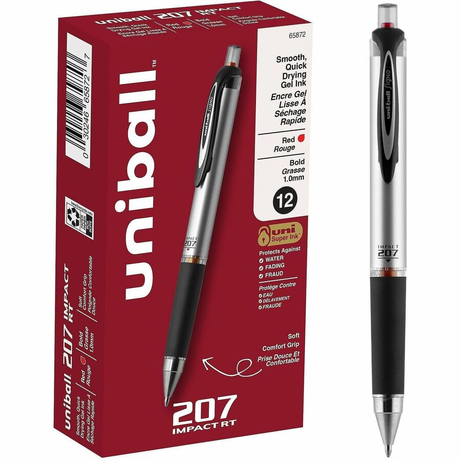 uniball™, 207 Impact RT Gel Pens - Refillable - Retractable - Red Ink - Gel-based - Metallic Barrel - 12 / Dozen