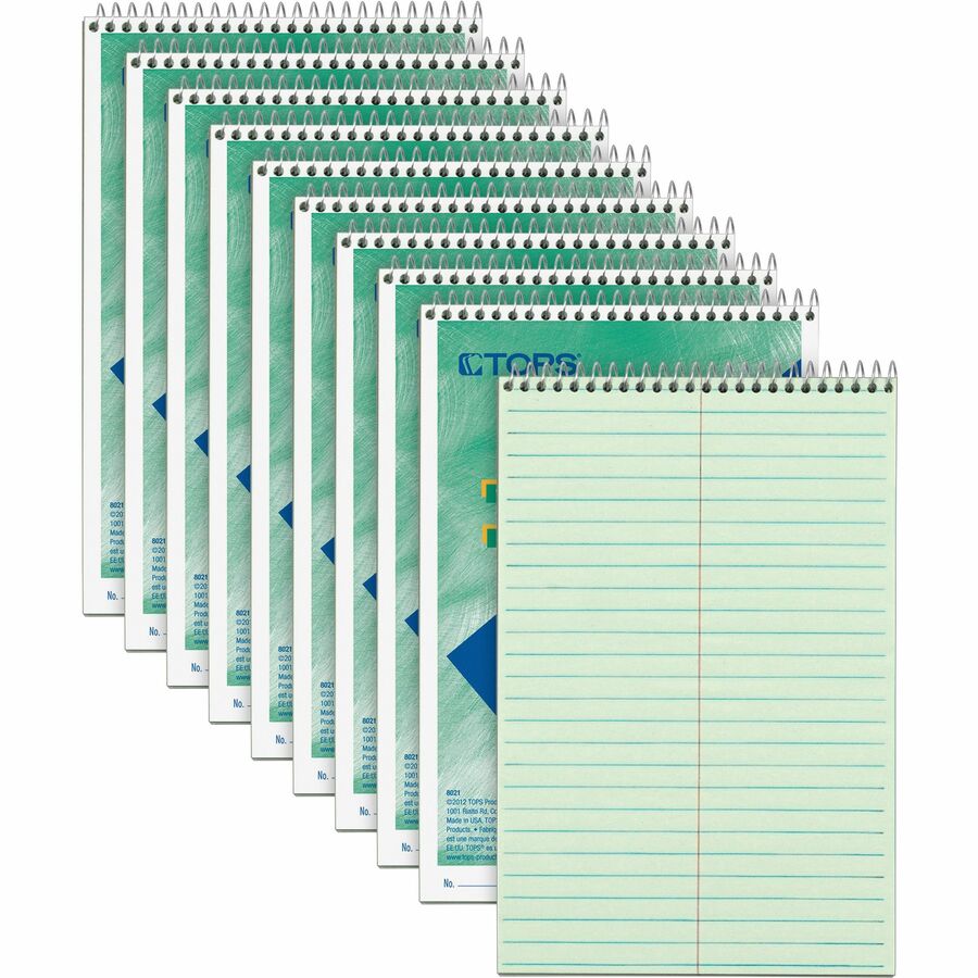TOPS Steno Books - 80 Sheets - Wire Bound - Gregg Ruled Margin - 6" x 9" Sheet Size - Green Tint Paper - Snag Resistant, Acid-free, Heavyweight - 12 / Dozen