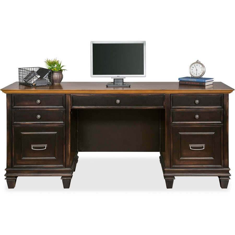 Martin Hartford Credenza - 5-Drawer - 31" Height x 69.5" Width x 21" Depth - Total Drawer(s): 5 - 2 Door(s) - Material: Wood Veneer, Solid Wood - Finish: Vintage Black - Lockable Drawer, AC Power Outlet, Pull-out Printer Drawer, USB Connection - For Ke...
