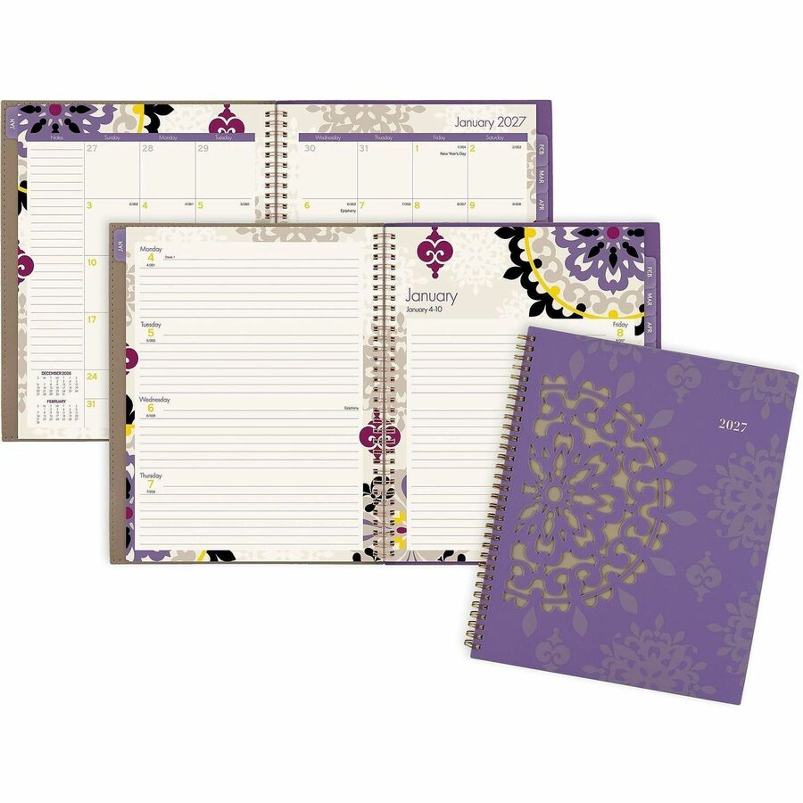 Cambridge Vienna Planner - Small - Weekly, Monthly - 12 Month - January 2027 to December 2027 - 1 Week, 1 Month Double Page Layout - 8 1/2" x 11" Sheet Size - White Sheet - Wire Bound - Brown, Purple, Yellow - Poly - 1 Each