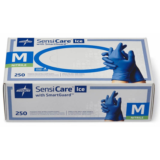 Medline SensiCare Ice Blue Nitrile Exam Gloves - 9.50" Glove Length - Medium Size - Dark Blue - Comfortable, Chemical Resistant, Latex-free, Textured Fingertip, Non-sterile, Durable - For Medical - 250 / Box