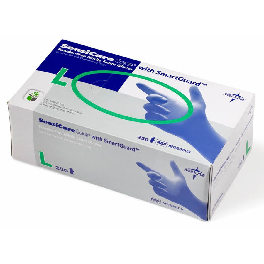 Medline SensiCare Ice Blue Nitrile Exam Gloves - 9.50" Glove Length - Large Size - Dark Blue - Comfortable, Chemical Resistant, Latex-free, Textured Fingertip, Non-sterile, Durable - For Medical - 250 / Box