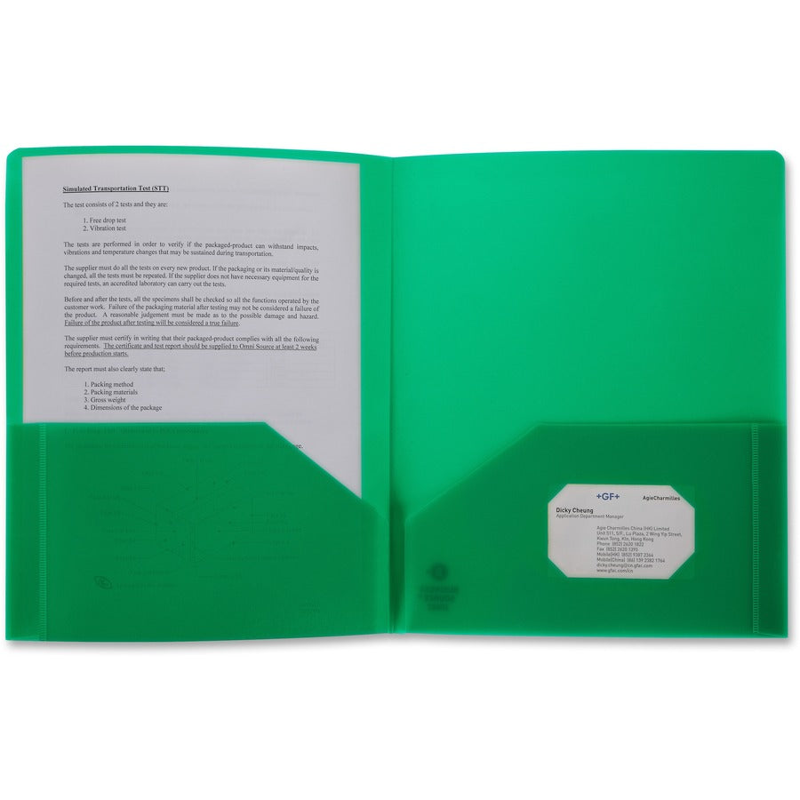 Business Source Letter Portfolio - 8 1/2" x 11" - 30 Sheets Capacity - 2 Pocket - Green - Durable, Spill Resistant, Wear Resistant, Card Holder - 1 Each